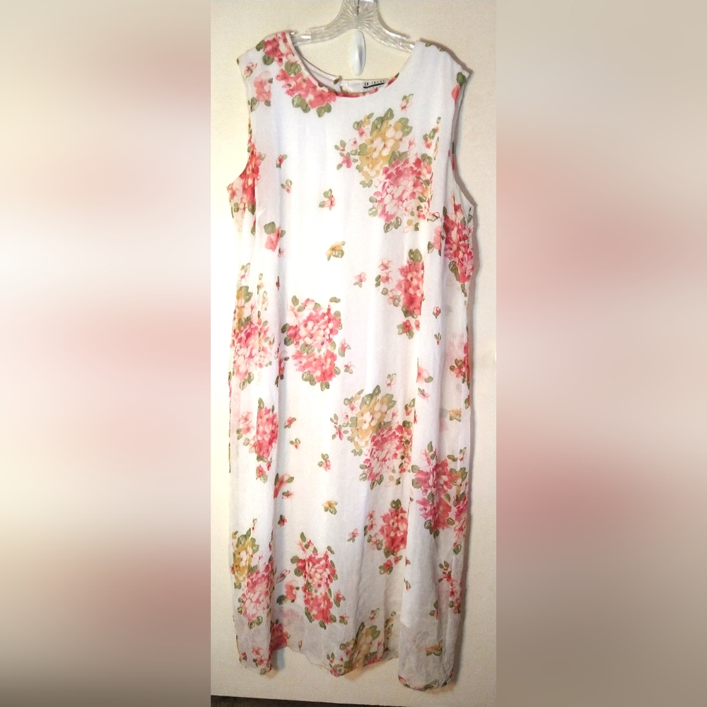 WOMEN'S PLUS SIZE 22 WHITE FLORAL DRESS SHEER SHELL FULLY LINED SLEVLES EN FOCUS